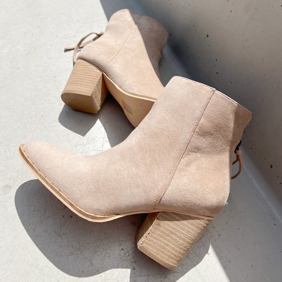 Taupe Faux Suede Pointed Toe Rivet Mini Studded Block Heel Ankle Bootie Boot - Picture 14 of 16